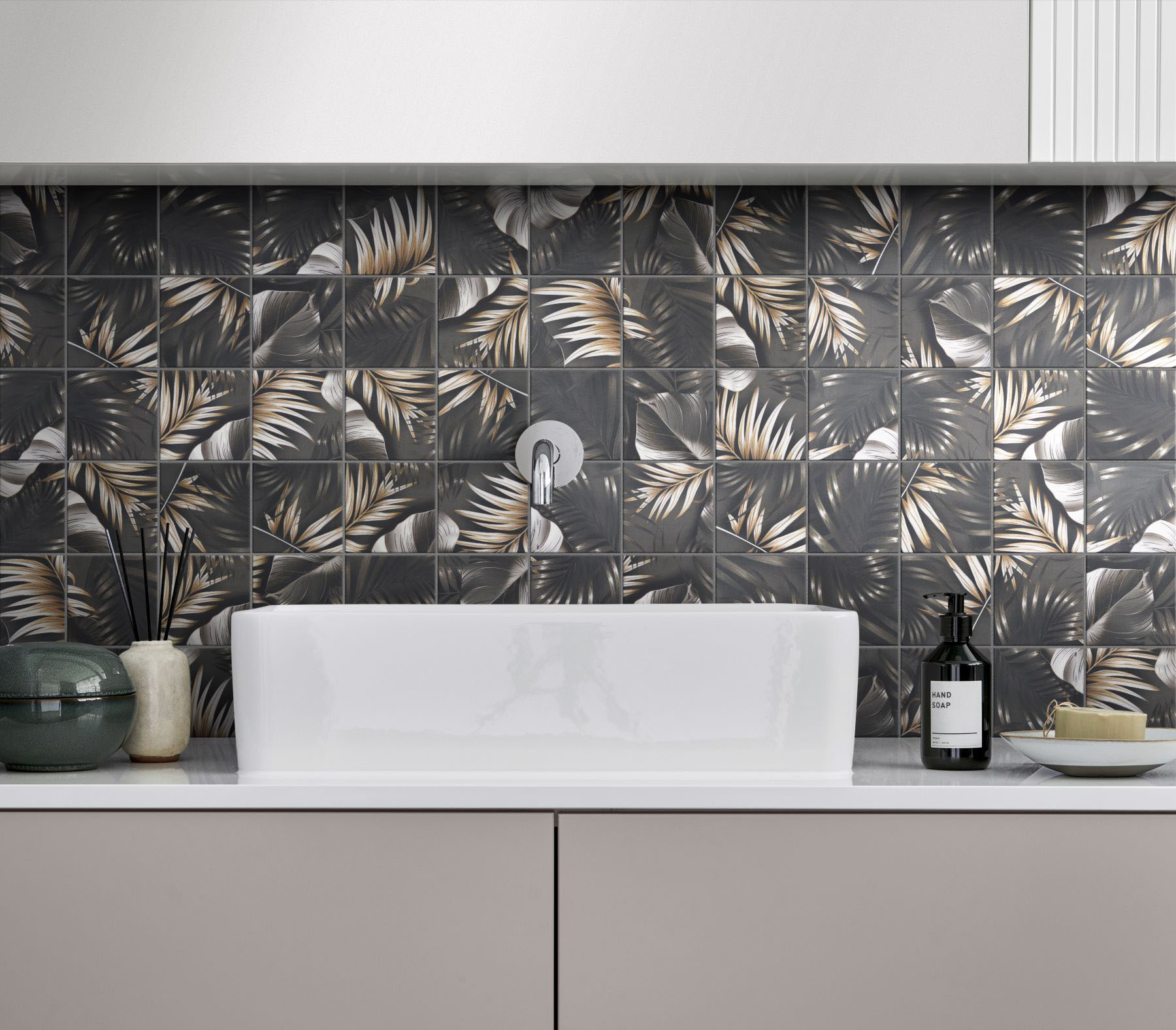 4"x4" Floral Palm Grey Beige Mosaic  | Diversity Kitchen Bath & Tile