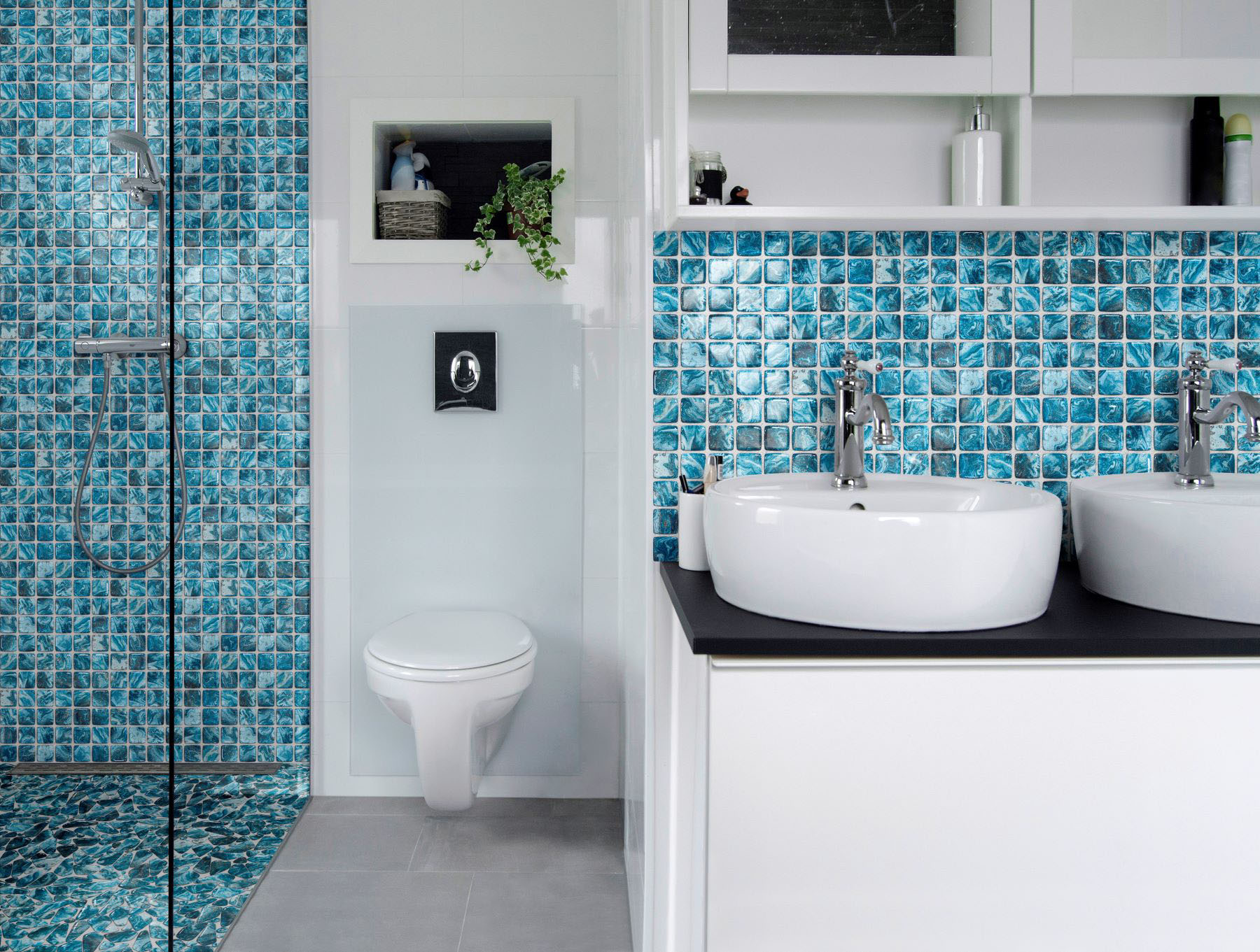 Glass Pebble Blue + Glass Square Blue Marble Pattern Mix | Diversity Kitchen Bath & Tile