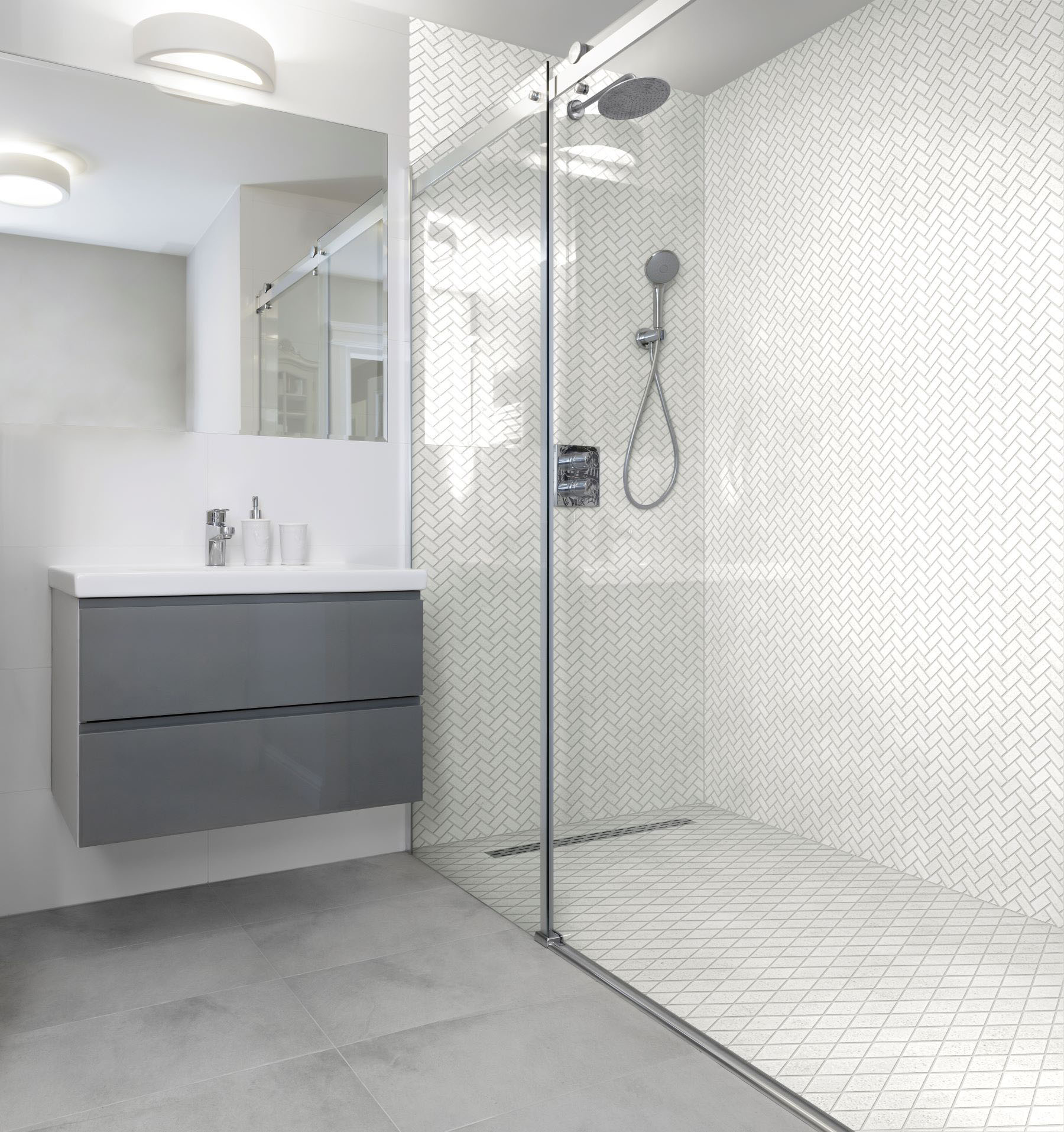 Herringbone Crystal + Crystal White  Marble Diamond | Diversity Kitchen Bath & Tile